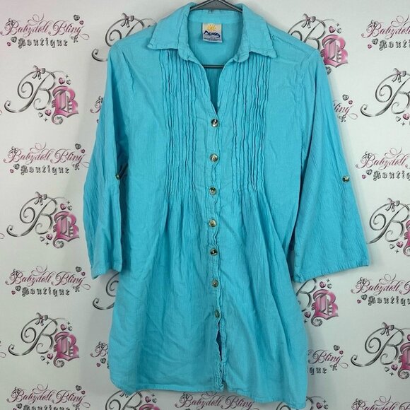 Dunes button down beach style turquoise Elegant Blue Button-Down Shirt - Picture 1 of 6